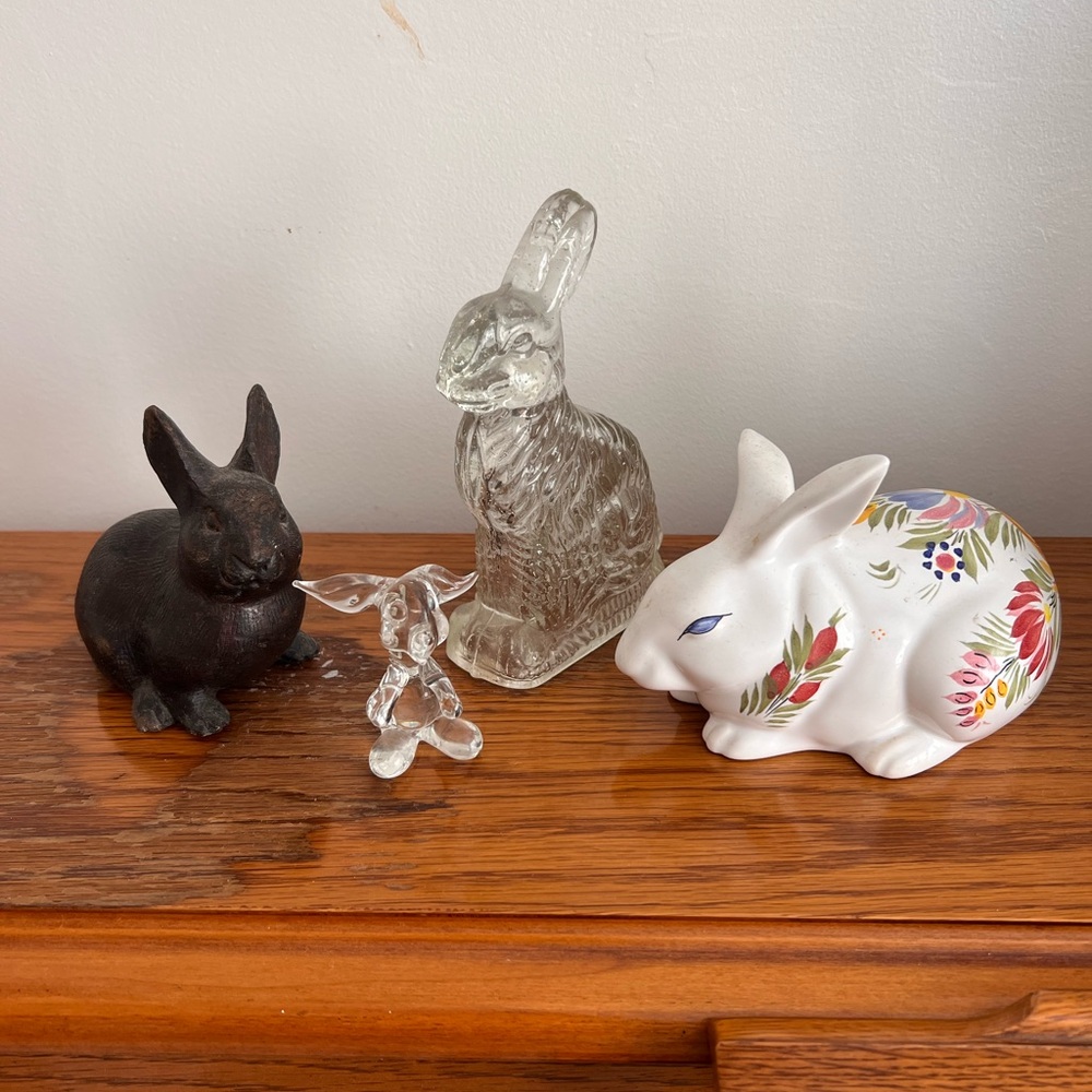 Decorative Rabbit Figurine Set - Bronze, Ceramic, Glass